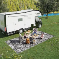 Outsunny Portable Outdoor Rug with Carry Bag, 9' x 18' Reversible Mat, Waterproof Plastic Straw RV Rug for Backyard, Deck, Picnic, Beach, Camping, Gray & White Flower(m-1)