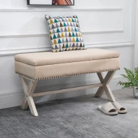 HOMCOM 35.75" Storage Ottoman, Upholstered Storage Bench with Hidden Space, Nailhead Trim and X-Shaped Wood Legs, for Living Room, Entryway, Bedroom, Beige(m-8)