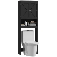 HOMCOM Over The Toilet Cabinet, Modern Bathroom Above Toilet Storage with Barn Doors and Open Shelf, Black(m-9)