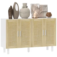 HOMCOM Boho Kitchen Cabinet, Buffet Cabinet with 4 Rattan Doors and Adjustable Shelves for Dining Room, White and Natural(m-11)