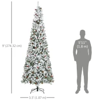HOMCOM 9-foot Pencil Snow Flocked Artificial Christmas Tree with 1350 Pine Realistic Branches, Pine Cones, Red Berries, Auto Open, Green(m-3)