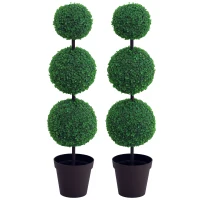 Outsunny Set of 2 Artificial Ball Boxwood Topiary Trees, 44.1" Fake Plants in Pots for Outdoor Indoor Decor, Dark Green(m-9)
