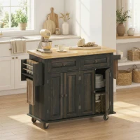 HOMCOM 44" Mobile Kitchen Island Table, Kitchen Island Cart on Wheels with Storage Cabinets, 2 Drawers, Brown(m-2)