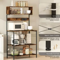HOMCOM Baker's Rack with Charing Station, Microwave Shelf with Power Outlet, USB Charger and 5 Hooks, Rustic Brown(m-7)