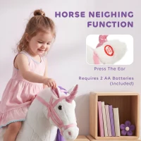 Qaba Ride on Horse for Kids 2+ Years, Toddler Riding Horse with Neighing, Stuffed Animal Horse Toy with Padding, White(m-5)