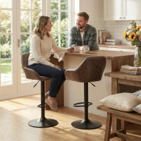 HOMCOM Adjustable Bar Stools Set of 2, Swivel Barstools with Footrest and Back, PU Leather and Steel Round Base, Coffee(m-1)
