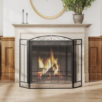 HOMCOM 3-Panel Folding Fireplace Screen, Home Steel Fire Spark Guard for Wood Burning with Decorative Vine Pattern, 41.25" x 31.75", Black(m-2)