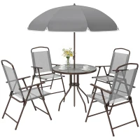 Outsunny 6 Piece Patio Dining Set for 4 with Umbrella, with 4 Folding Dining Chairs & Round Glass Table for Garden, Gray(m-11)