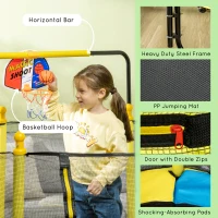 Qaba 4.6' Kids Trampoline with Basketball Hoop, Horizontal Bar, 55" Indoor Trampoline with Net, Yellow(m-6)