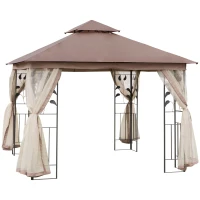 Outsunny 10' x 10' Metal Patio Gazebo, Double Roof Outdoor Gazebo Canopy Shelter with Tree Motifs Corner Frame and Netting, Brown(m-1)