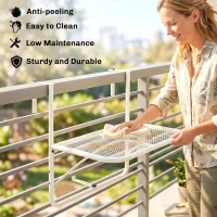 Outsunny Adjustable Balcony Hanging Railing Table, Metal Mounting Mini Wall Desk Storage Rack, Outdoor Flower Stand Serving Table Rectangle, White(m-7)