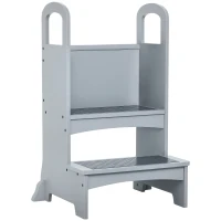 Qaba Toddler Tower Kitchen Helper for Children with 2 Non-Slip Steps and Support Handles - Grey(m-1)