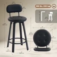 HOMCOM Bar Stools Set of 2, Upholstered Breakfast Bar Chairs with Footrest and Backrest for Kitchen Counter, Black(m-3)