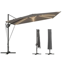 Outsunny 10 x 9.7 ft Offset Cantilever Patio Umbrella with Lights, Wind Rope, UPF50+ Outdoor Cantilever Parasol, Dark Grey(m-9)