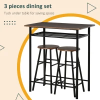HOMCOM 3 Piece Counter Height Bar Table and Chairs Set, Space Saving Dining Table with 2 Matching Stools, Storage Shelf Metal Frame Footrest, Black, Brown(m-4)