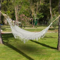 Outsunny Extra Large Boho Hammock with Macrame Tassel Fringe, Includes Carrying Bag, Indoor Outdoor Tree Hammock, White(m-2)