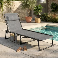 Outsunny Folding Chaise Lounge Chair Outdoor, Sun Tanning Chair with Side Pocket, Carrying Strap, Portable Patio Beach Lounger with 5-Position Reclining Back, Headrest for Pool, Camping, Yard, Gray(m-2)