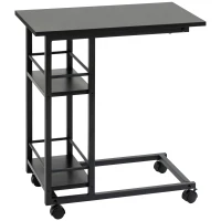 HOMCOM C Shaped End Table with Storage Shelves, Mobile Side Table with Wheels for Sofa Couch, Bed, Metal Frame, Black(m-1)