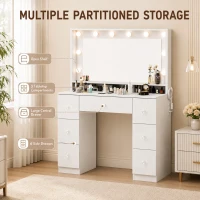 HOMCOM Vanity Desk with 10 Dimmable LED Lights, Mirror Dressing Table with 7 Drawers and Charging Station, White(m-4)