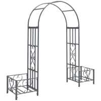 Outsunny 6.7' Steel Garden Arch Arbor with Scrollwork Hearts, Planter Boxes for Climbing Vines, Ceremony, Weddings, Party, Backyard, Lawn, Gray(m-14)