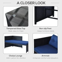 Outsunny 3 Piece Patio Furniture Set, Rattan Outdoor Sofa Set with Chaise Lounge & Loveseat, Soft Cushions, Tempered Glass Table, L-Shaped Sectional Couch, Blue(m-6)