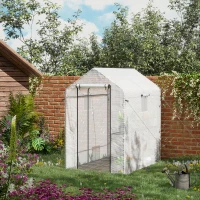 Outsunny 47.25" x 73.25" x 74.25" Walk-in Greenhouse, Outdoor Portable Plant Growing Area with Mesh Protected Roll-up Door & Window, 4 Shelves for Flowers, Herbs & Vegetables, White(m-10)