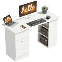 HOMCOM Computer Desk, 47" Writing Table with 3-Tier Shelves and 3 Reversible Drawers for Home Office, Bedroom, White(m-2)