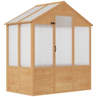 Outsunny 6' x 4' x 7' Polycarbonate Greenhouse, Walk-in Hot House Kit, Hobby Greenhouse with Lockable Door, Level 5 Wind Resistant Wooden Frame, Natural Wood(m-11)
