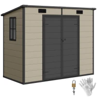Outsunny 8' x 4' Plastic Outdoor Storage Shed with Floor, Window, Lockable Doors and Vents for Backyard Patio Lawn, Light Brown(m-11)