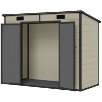 Outsunny 8' x 4' Plastic Outdoor Storage Shed with Floor, Window, Lockable Doors and Vents for Backyard Patio Lawn, Light Brown(m-1)