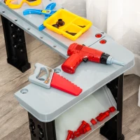 Qaba 2 in 1 Kids Workbench 79 Pcs Construction Playset Toy with Battery-Powered Drill, Hammer, Saw, Storage Tray for Ages 3+, Black and Gray(m-9)