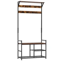 HOMCOM 3-in-1Hall Tree Entryway Coat Rack Shoe Bench with 9 Hanging Hooks, 3-Tier Storage Shelves, Multifunctional Hallway Organizer Brown/Black(m-1)