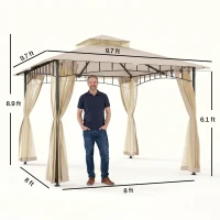 Outsunny 10' x 10' Outdoor Patio Gazebo Canopy Tent with Mesh Sidewalls, 2-Tier Canopy for Backyard, Beige(m-3)