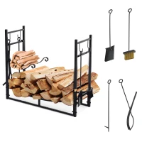 Outsunny 33" Firewood Rack Outdoor Indoor with 4-Piece Fireplace Tools, Firewood Holder with 2 Tiers, Black(m-1)