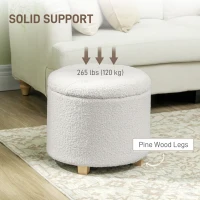 HOMCOM 18" Round Ottoman with Storage, Teddy Fleece Button Tufted Foot Stool with Lid, Wood Legs for Living Room Hallway, White(m-6)