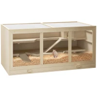 PawHut 45" Extra Large Wooden Hamster Cage, 3-Layer Rat Cage with Opening Roof, PVC Window, Small Animal Habitat for Gerbil, Dwarf & Syrian Hamsters, Natural(m-1)