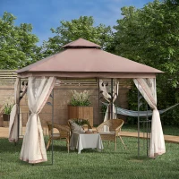 Outsunny 10' x 10' Metal Patio Gazebo, Double Roof Outdoor Gazebo Canopy Shelter with Tree Motifs Corner Frame and Netting, Brown(m-2)