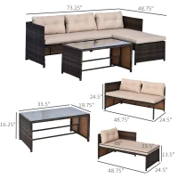Outsunny 3 Piece Patio Furniture Set, Rattan Outdoor Sofa Set with Chaise Lounge & Loveseat, Soft Cushions, Tempered Glass Table, L-Shaped Sectional Couch, Beige(m-3)