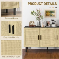 HOMCOM Boho Kitchen Cabinet, Buffet Cabinet with 3 Rattan Doors and Adjustable Shelves for Dining Room, Black and Natural(m-5)