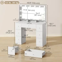 HOMCOM Vanity Desk with 10 Dimmable LED Lights, Mirror Dressing Table with 7 Drawers and Charging Station, White(m-3)