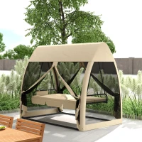 Outsunny 3 Seat Outdoor Swing Chair Convertible Covered Day Bed with Canopy, Mesh Netting, Steel Stand for Garden, Patio, Coffee(m-2)