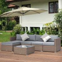 Outsunny 6 Piece Patio Furniture Set Outdoor Wicker Conversation Set All Weather PE Rattan Sectional Sofa Set with Ottoman, Cushions and Tempered Glass Table, Mixed Yellow and Light Gray(m-10)