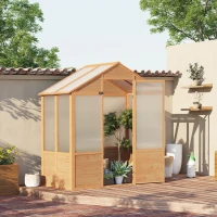 Outsunny 6' x 4' x 7' Polycarbonate Greenhouse, Walk-in Hot House Kit, Hobby Greenhouse with Lockable Door, Level 5 Wind Resistant Wooden Frame, Natural Wood(m-2)