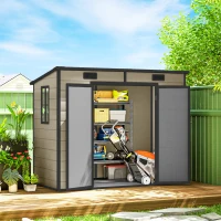 Outsunny 8' x 4' Plastic Outdoor Storage Shed with Floor, Window, Lockable Doors and Vents for Backyard Patio Lawn, Light Brown(m-10)