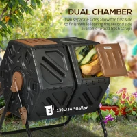 Outsunny Dual Chamber Compost Tumbler Bin, Outdoor Tumbling Composter with 24 Ventilation Openings and Steel Legs, 34.5 Gallon(m-4)