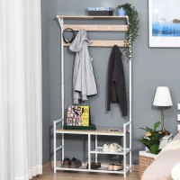 HOMCOM 3-in-1Hall Tree Entryway Coat Rack Shoe Bench with 9 Hanging Hooks, 3-Tier Storage Shelves, Multifunctional Hallway Organizer Natural/White(m-10)
