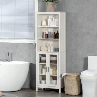 kleankin Tall Bathroom Storage Cabinet with 3 Tier Shelf, Glass Door Cabinet, Freestanding Linen Tower with Adjustable Shelves, Antique White(m-2)