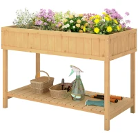 Outsunny 43x18x30in Raised Garden Bed with 8 Pockets and Shelf, Wooden Elevated Planter Box with Legs to Grow Herbs, Vegetables, and Flowers, Natural(m-11)