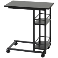 HOMCOM C Shaped End Table with Storage Shelves, Mobile Side Table with Wheels for Sofa Couch, Bed, Metal Frame, Black(m-11)