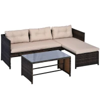 Outsunny 3 Piece Patio Furniture Set, Rattan Outdoor Sofa Set with Chaise Lounge & Loveseat, Soft Cushions, Tempered Glass Table, L-Shaped Sectional Couch, Beige(m-11)